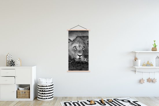 Porte-affiche avec affiche - Affiche scolaire - Animaux sauvages - Lion - Nature - Zwart - Wit - 60x120 cm - Lattes vierges