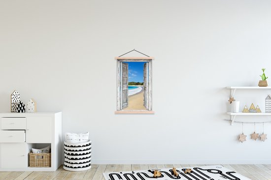 Posterhanger incl. Poster 60x90 cm - Schoolplaat - Zee - Tropical - Doorkijk - Strand - Textielposter - Blanke latten