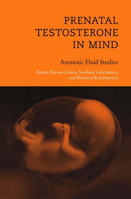 Boekomslag: Prenatal Testosterone in Mind - Amniotic Fluid Studies met een afbeelding van een foetus in de baarmoeder.