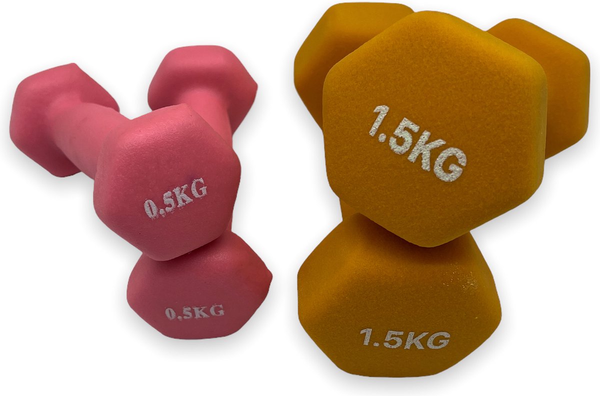 dumbells - Neopreen set 0,5 en 1,5 kg - roze en oranje - dumbellset - fitness gewicht - halterset