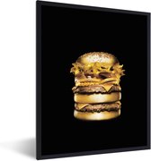 Fotolijst incl. Poster - Gouden hamburger op een zwarte achtergrond. - 30x40 cm - Posterlijst