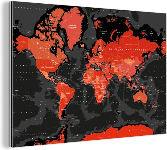 Wanddecoratie Metaal - Aluminium Schilderij Industrieel - Wereldkaart - Rood - Zwart - Kind - Jongetjes - Meid - 90x60 cm - Dibond - Foto op aluminium - Industriële muurdecoratie - Voor de woonkamer/slaapkamer