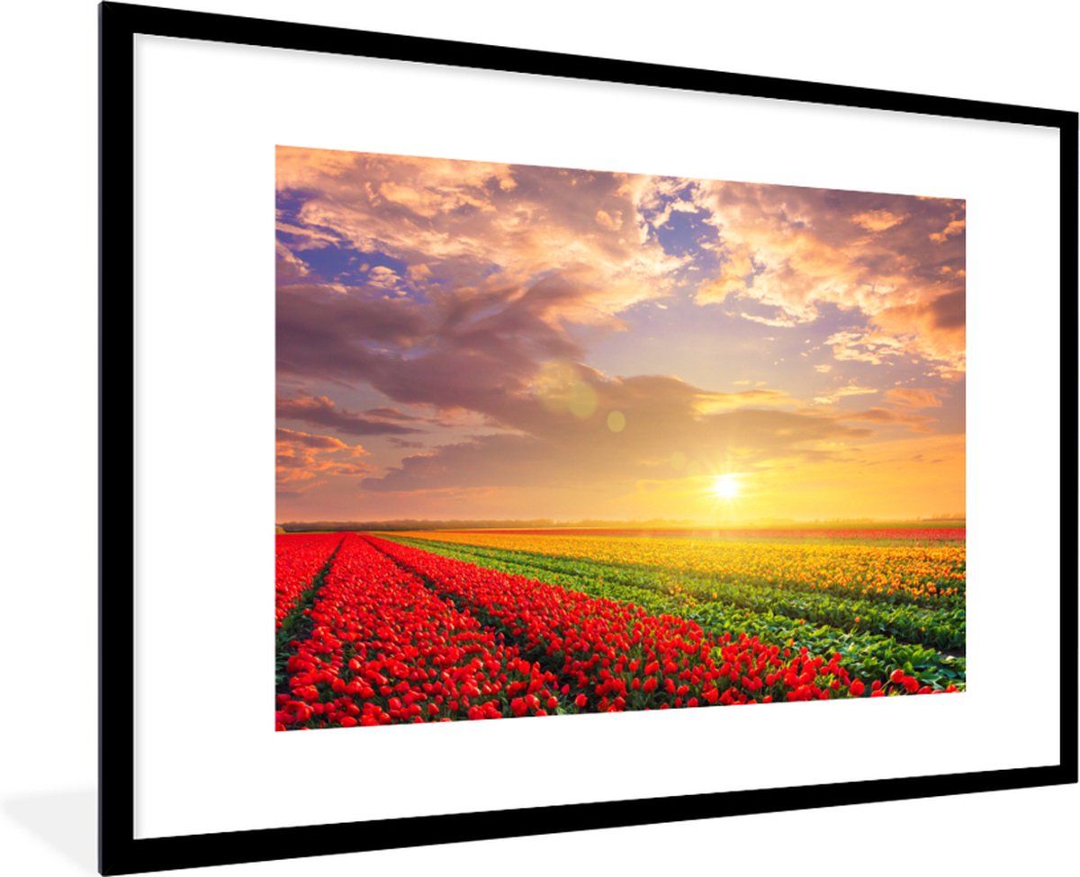 Fotolijst incl. Poster - Tulpenveld met zonsondergang - 90x60 cm -  Posterlijst | bol.com