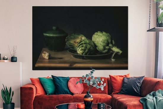 Tableau Peinture Nature Morte - Assiette - Artichaut - Art - Peinture - 180x120 cm - Décoration murale XXL
