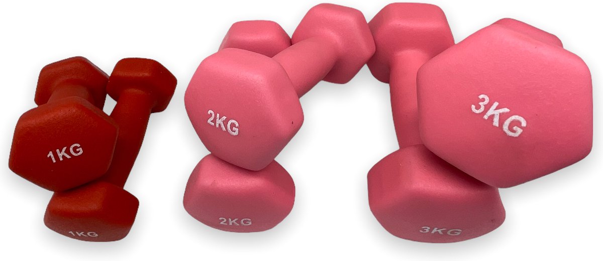 dumbells - Neopreen set 1, 2 en 3 kg - dumbellset - rood en roze - halterset - fitness gewicht