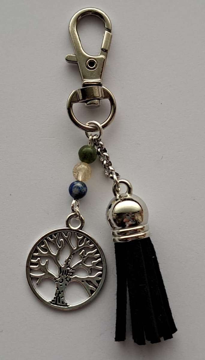 mineraalsteen Sleutelhanger Levensboom "Succes & welvaart" zilverkleurig Blauw, geel, groen
