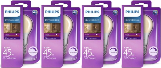Philips 8.5W (45W) E27 Flame dimbare LED lamp spaarlamp 4 stuks