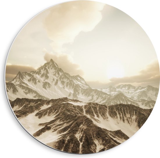 PVC Schuimplaat Muurcirkel - Felle Ochtend Zonnestralen over de Toppen van Bergen met Sneeuw - 40x40 cm Foto op Muurcirkel (met ophangsysteem)