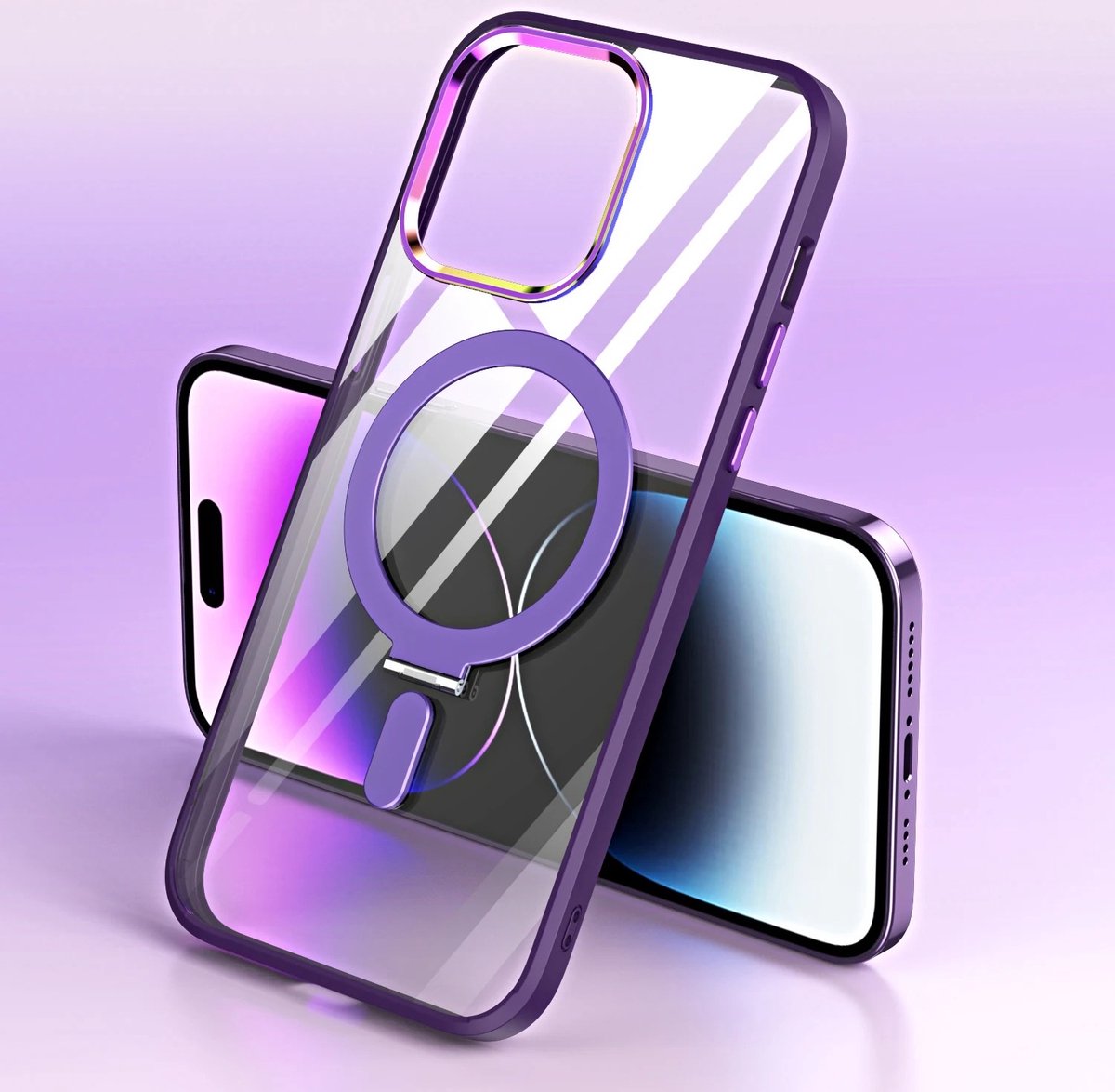 iPhone 14 Pro Max Magnetisch Hoesje Met Kickstand Ring - MagSafe Compatible - Magneet Case Met Ring en Kickstand Ring - iPhone 14 Pro Max transparant gekleurde rand - Paars