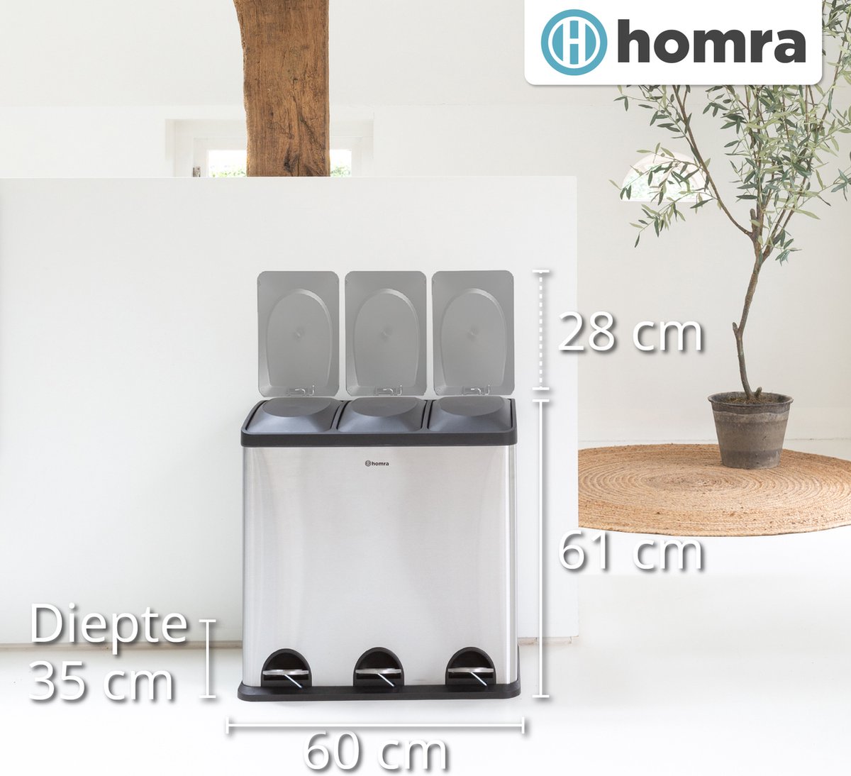 Homra Maxer poubelle tri sélectif à 3 compartiments - 3 x 20 L capacité -  Poubelle à