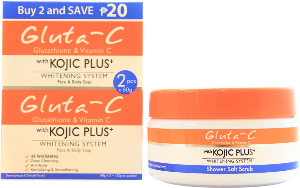 Gluta-C 4x skin lightening badzout Scrub 250gr + Gluta-C Whitening Soap Skin & Body, 2 x 60 gram