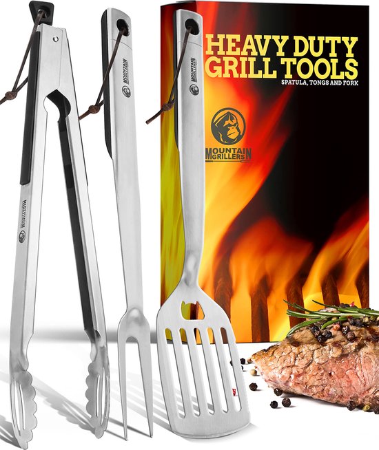 Mountain Grillers® BBQ Accessoires Set 3 - Roestvrij Staal Bestek met Tang, Spatel & Vork - Perfect Cadeau voor Mannen & Vleesliefhebbers - Makkelijk te Gebruiken & Schoon te Maken