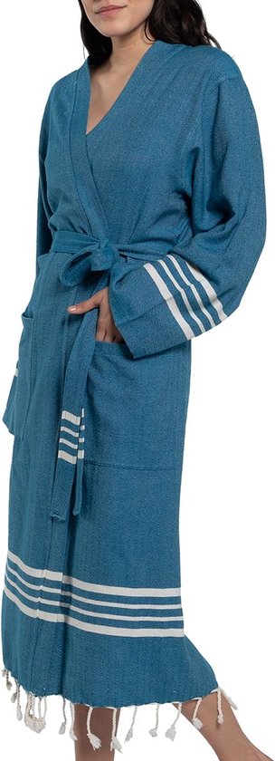 Hamam Badjas Krem Sultan Petrol Blue - XS - unisex - hotelkwaliteit - sauna badjas - luxe badjas - dunne zomer badjas - ochtendjas
