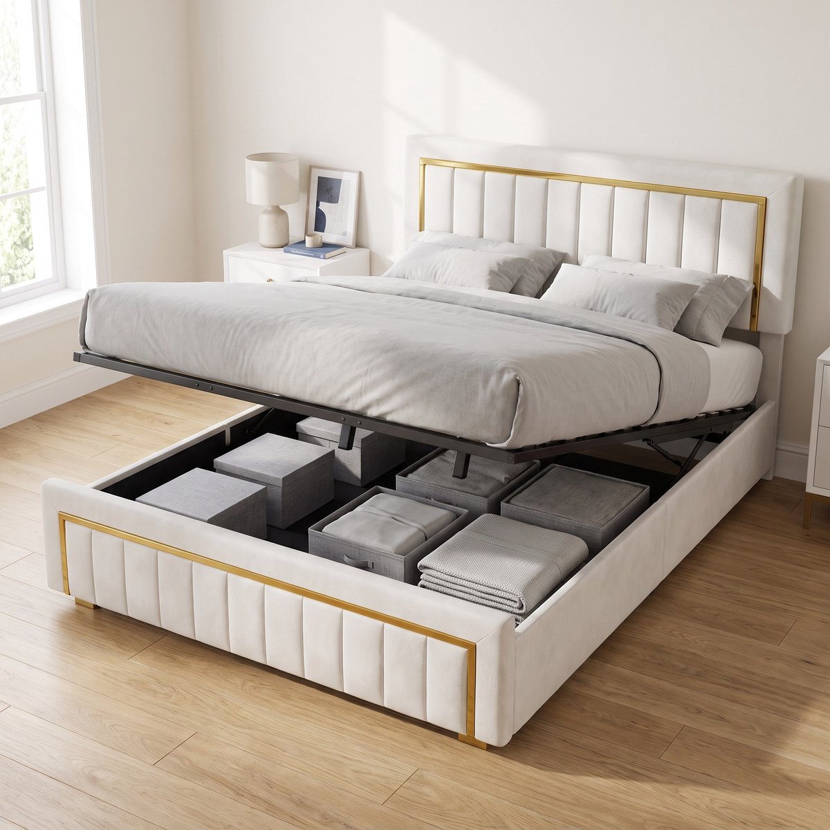 Gestoffeerd Opbergbed King Size - Tweepersoonsbed 180x200 cm - met hydraulische opbergruimte en lattenbodem - Fluwelen bed - Luxe stijl - Beige