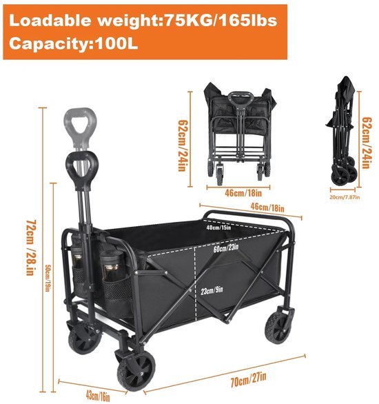 DailyDamaar bolderkar - Bolderkar opvouwbaar - Trekkar - Bagagekar - Verstelbare handgreep - 100 L - Buitengebruik - 70×43×72cm - Zwart — afbeelding 5
