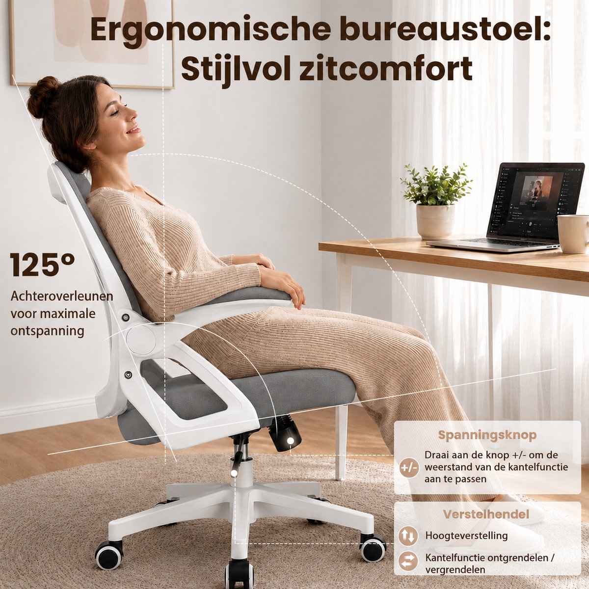 Milacyee Bureaustoel - Ergonomische Bureaustoel – Verstelbare Gaming/Computerstoel met Mesh Rug & Lendensteun – 90° Opklapbare Armleuningen – Directiestoel met Stille Wieltjes – Tot 130 kg Belasting - Grijs - Geschikt voor thuiswerk en kantoor – foto 5