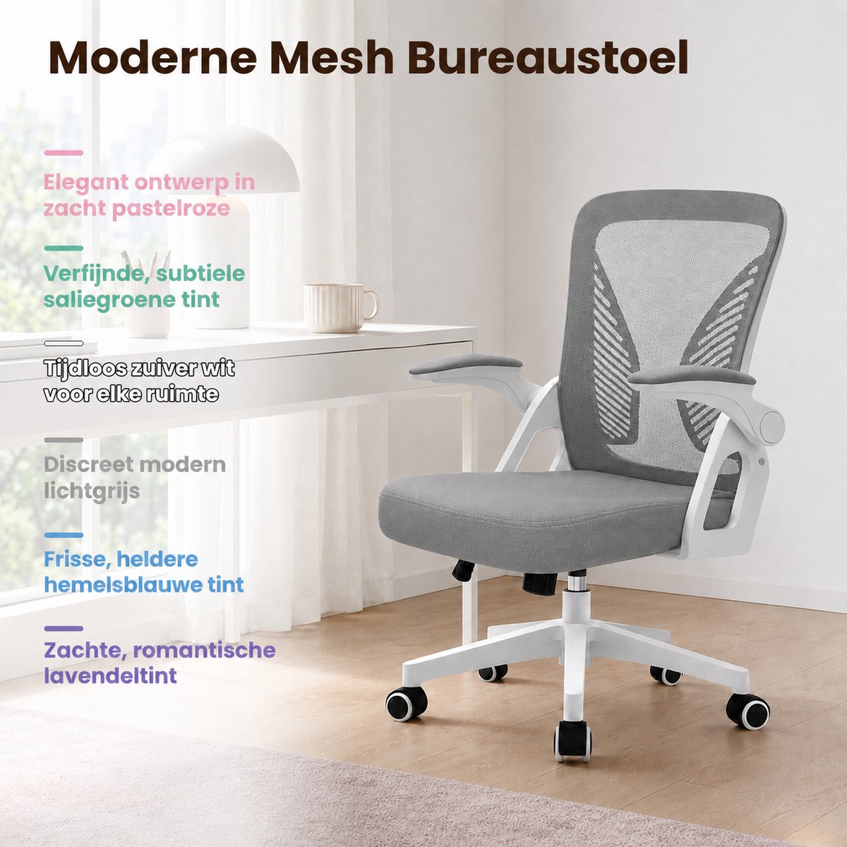 Milacyee Bureaustoel - Ergonomische Bureaustoel – Verstelbare Gaming/Computerstoel met Mesh Rug & Lendensteun – 90° Opklapbare Armleuningen – Directiestoel met Stille Wieltjes – Tot 130 kg Belasting - Grijs - Geschikt voor thuiswerk en kantoor – foto 8