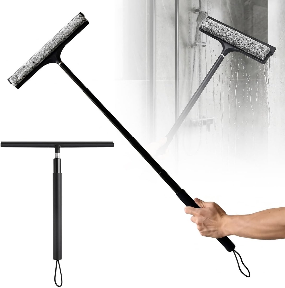 instelbaar, 1,2 m, 30,5 cm aftrekbare lip, douchewisser set, siliconen douchewisser met houder, afneembaar en telescopisch voor badkamer, raam en douche, zwart