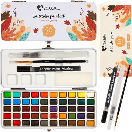 Compleet aquarelverf set met 50 kleuren, penselen, waterborstel, acrylverf marker en 10 vellen aquarel papier.
