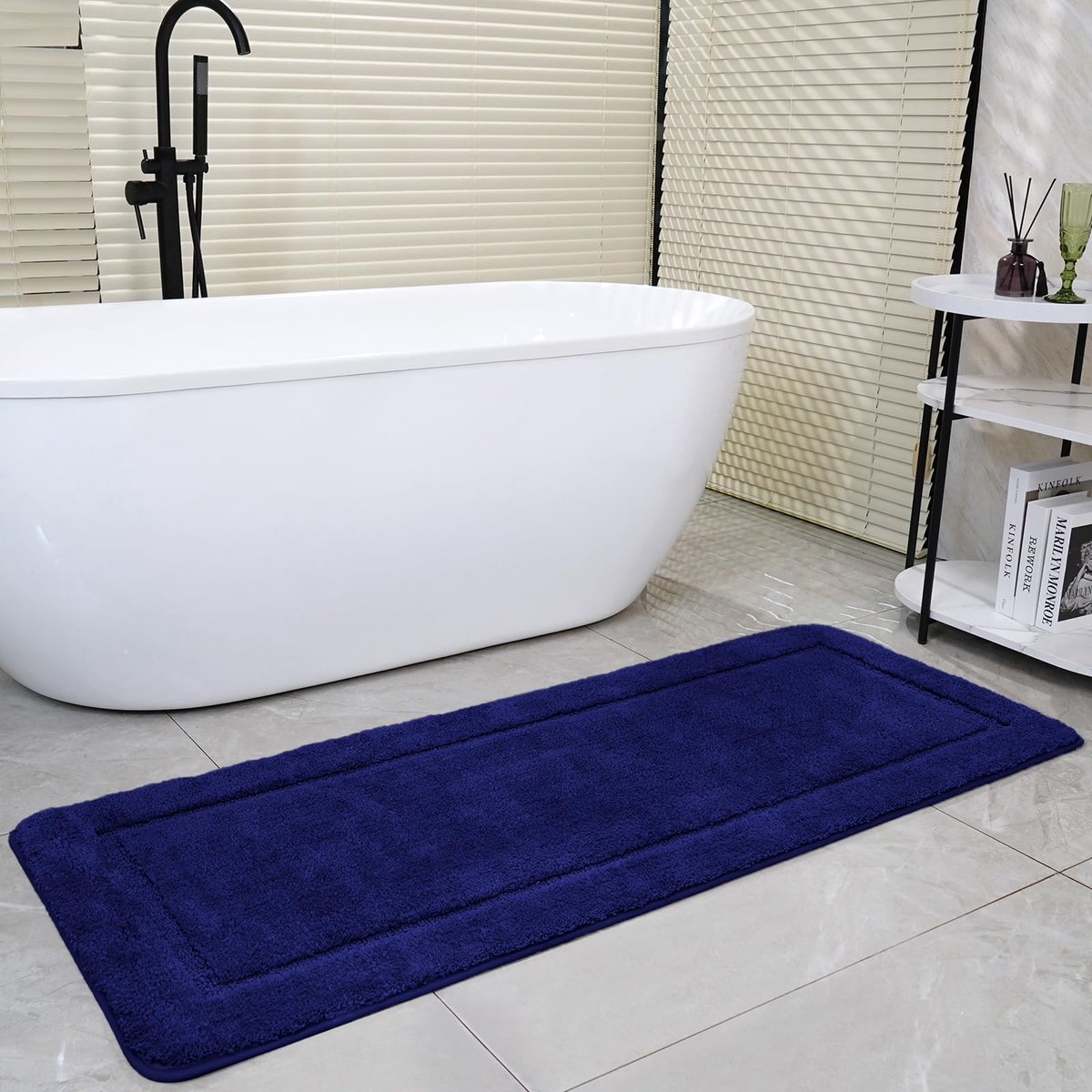 Badmat 60x150 cm, Enkele Mat, Hoogpolige Microvezel, Antislip & Wasbaar, Extra Grote Absorberende Douchemat, Perfect voor Bad & WC, Blauw