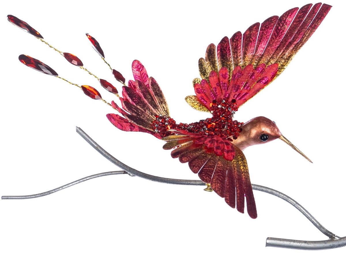 Kerstbal vogelkolibrie op klif rood-goud 20 cm
