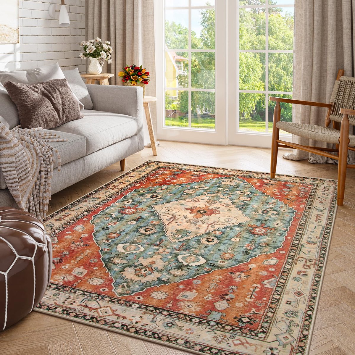 Vloerkleed - 5 x 7 cm groot wasbaar vloerkleed voor woonkamer slaapkamer verweerd oosters antislip niet-pluizende print vloertapijt voor eetkamer thuis, roest/dof groenblauw