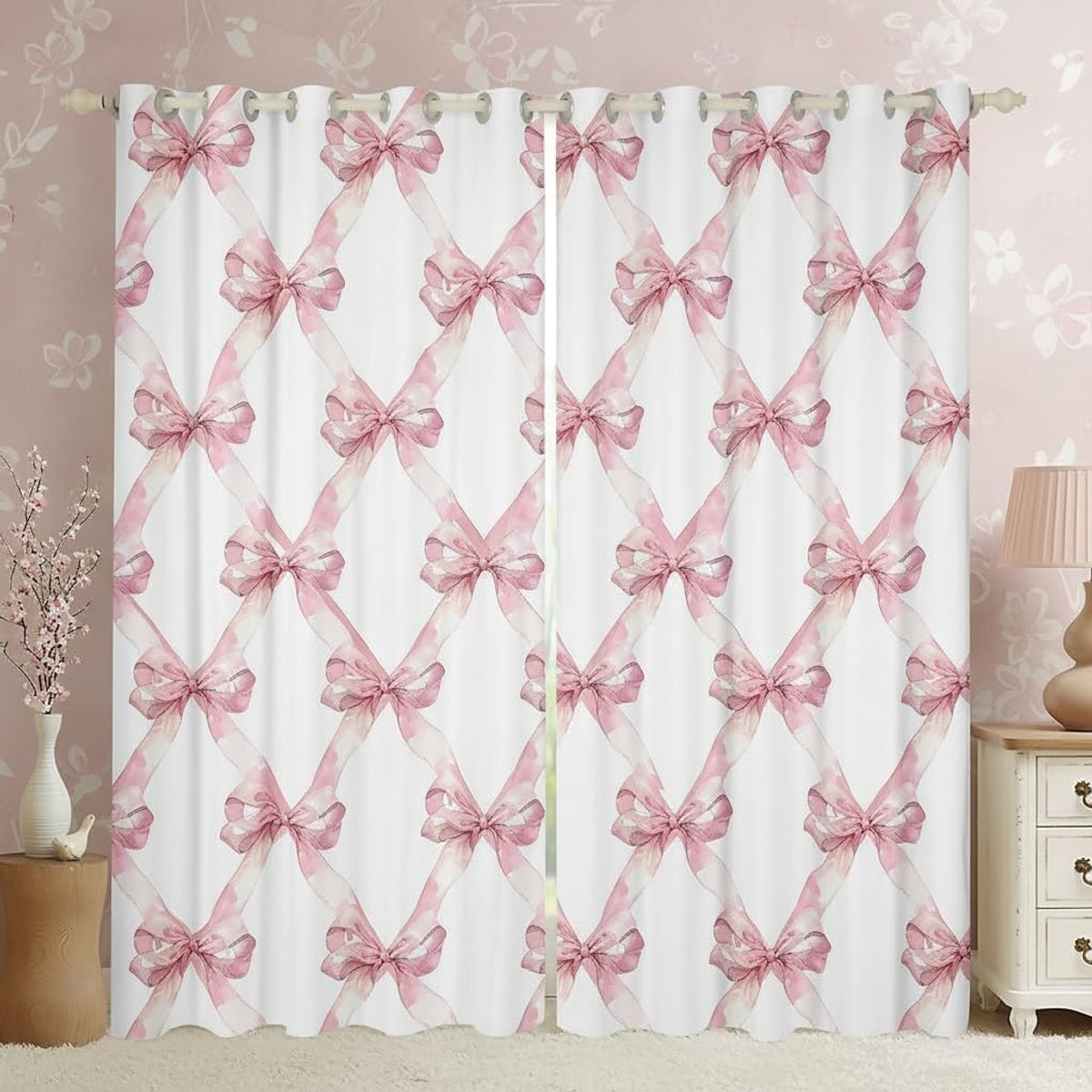 Gordijnen met roze strik, voor slaapkamer, maat S, dromerige prinsessenstijl, schaduw, woondecoratie, stropdasknoop, raamgordijnen, 2 panelen voor kinderen