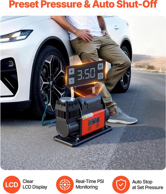 Draagbare Luchtcompressor met Automatische Uitschakeling,LCD-scherm, 202 l/min, 10,3 bar, Luchtpomp met Adapters voor Vrachtwagens, Auto's, SUV's, Terreinwagens en Campers — afbeelding 3
