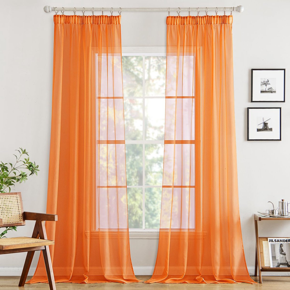 Transparante voile-gordijnen met lussen, voor slaapkamer en woonkamer, met band, ringen, modern, elegant, 2 stuks, oranje, 140 x 225 cm