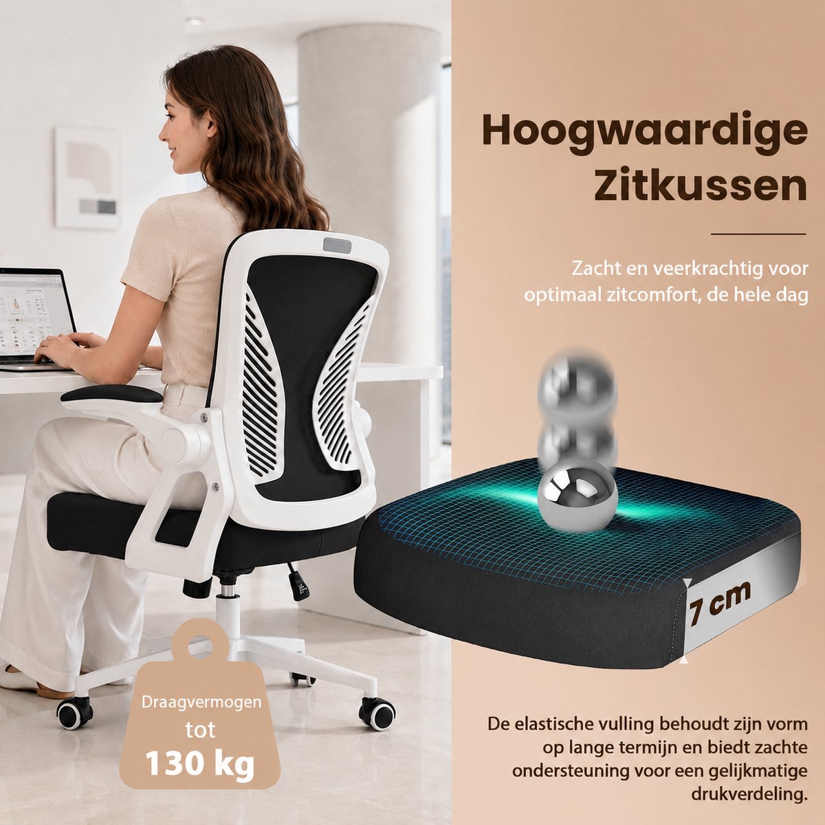 Milacyee Bureaustoel - Ergonomische Bureaustoel – Verstelbare Gaming/Computerstoel met Mesh Rug & Lendensteun – 90° Opklapbare Armleuningen – Directiestoel met Stille Wieltjes – Tot 130 kg Belasting - Wit - Geschikt voor thuiswerk en kantoor – foto 6