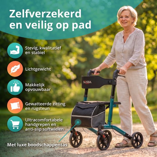 Vrouw met een turquoise rollator in een park. Gewatteerde zitting en rugsteun, ultracomfortabele handgrepen.
