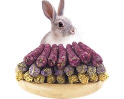 kauwstok voor knaagdieren, eetbare en plantaardige traktatie, geschikt voor konijnen, hamsters, cavia's en andere kleine knaagdieren, 3 bloemige smaken van gecomprimeerd hooi (150