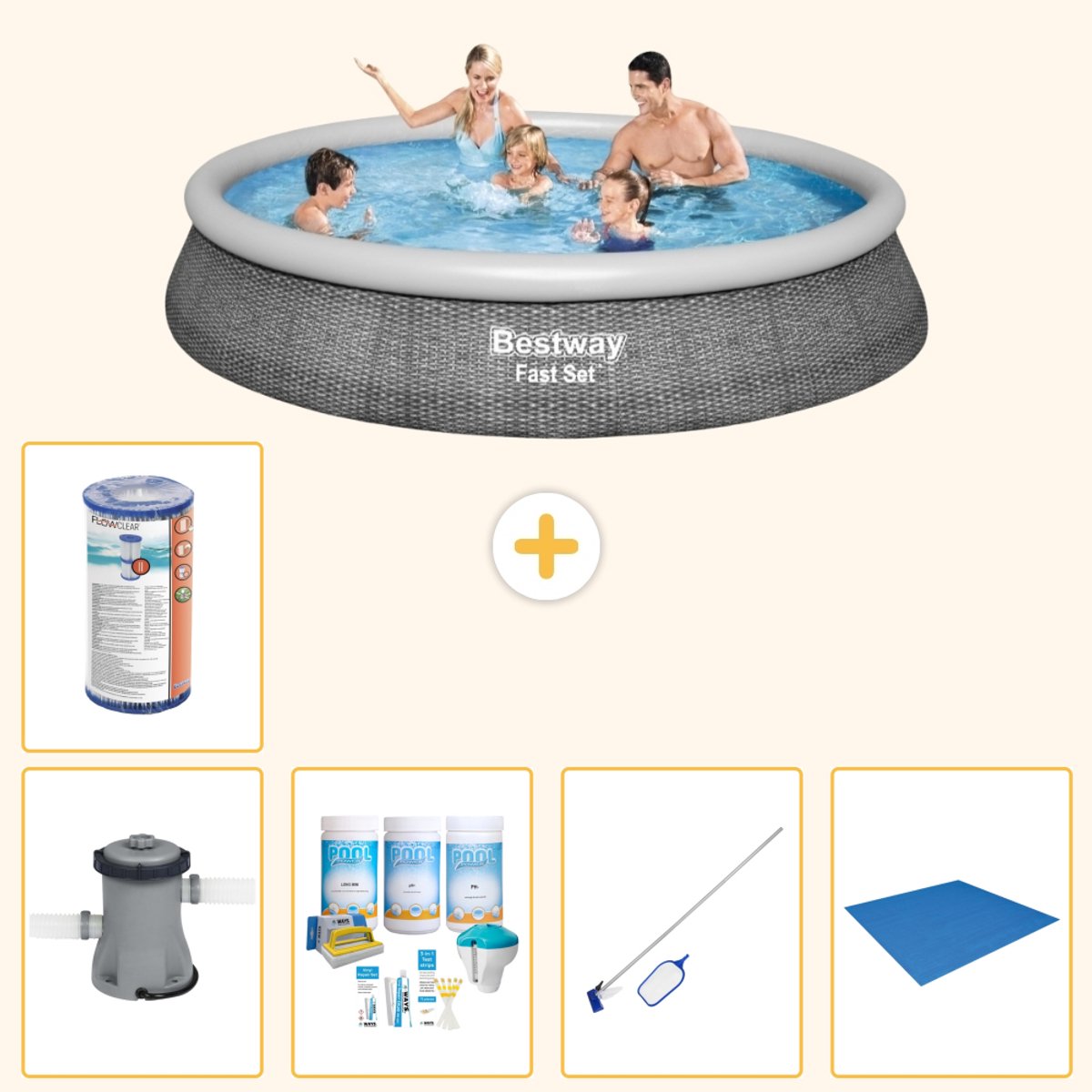 Bestway Rond Opblaasbaar Fast Set Zwembad - Rotanprint - 396 x 84 cm - Inclusief Pomp - Onderhoudspakket - Schoonmaakset - Grondzeil - Filter - 6-delig