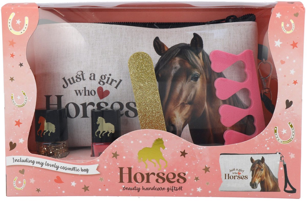 Loves Horses make-up tasje giftset, inhoud: 7 ml nagellak goud-glitter, 7 ml nagellak roze, gouden glitter nagelvijl (100 x 20 mm), teenscheider roze, wit linnen make-up tasje met print