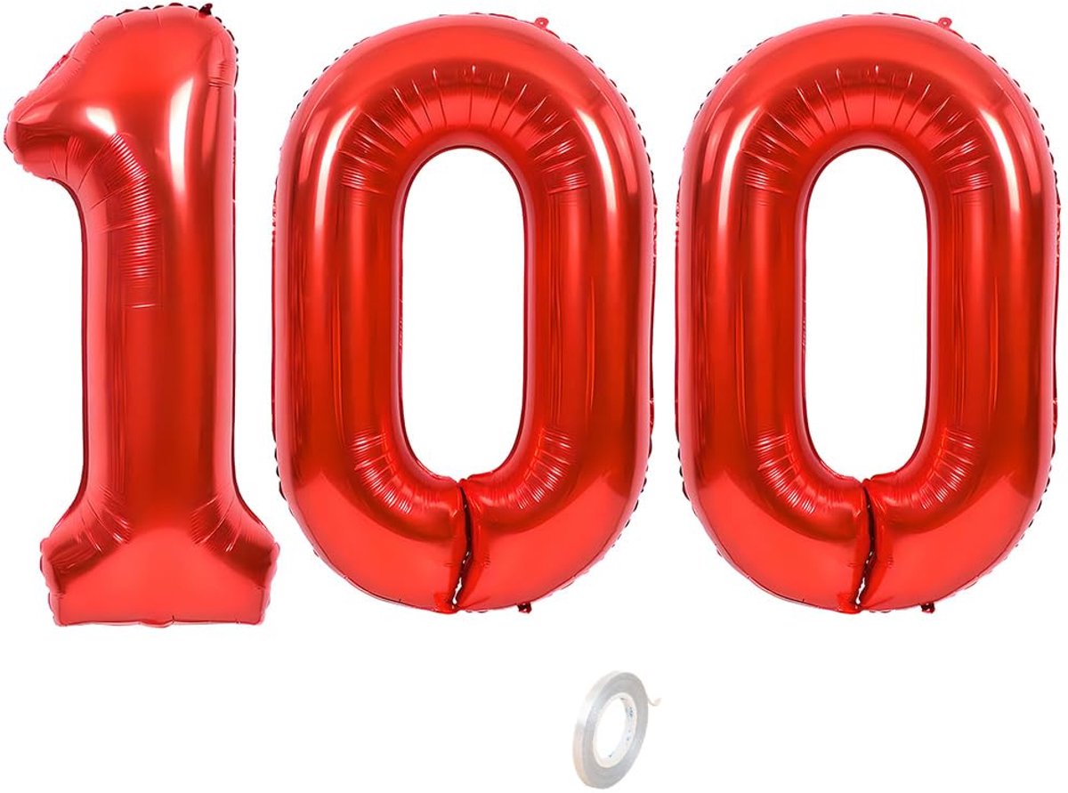 Folieballon van 100 cm, rood, cijfer 100, opblaasbare helium, groot nummer 0-9, 10-100 (101 cm), foliedecoratie voor verjaardagsfeest en bruiloft