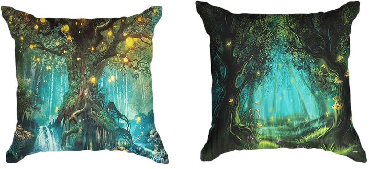 Kussenhoes - Sprookjes Elfenboom Magische Bossen Natuur - Set van 2 Ontwerpen - 45 cm x 45 cm - Decoratieve Kussenhoes zonder Vulling - Kussenhoes Accessoires voor Bank/Bed - Groen