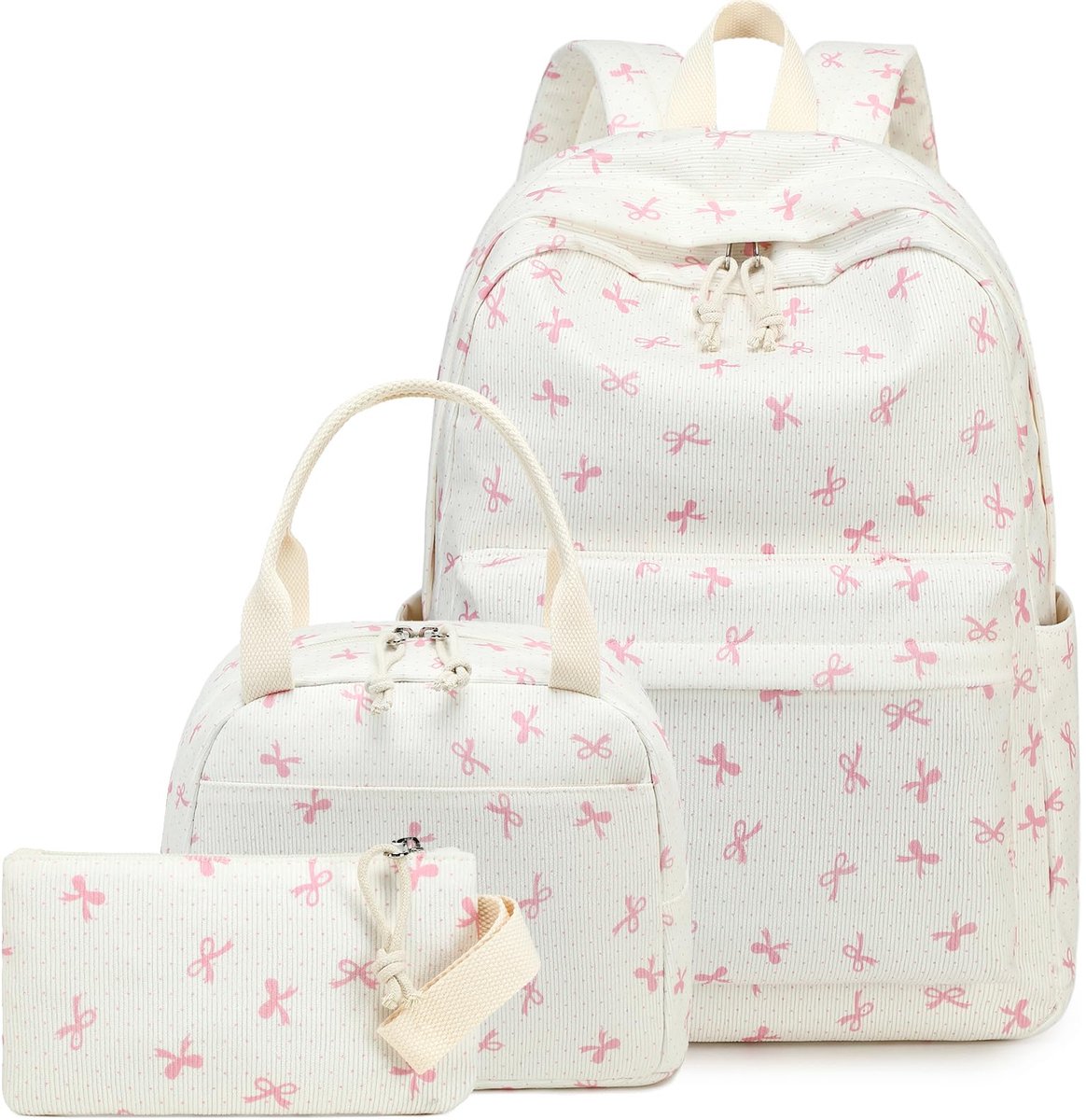 Schoolrugzak voor meisjes, tieners en dames, schooltas, rugzakset, schooltas voor meisjes, school, 3-delig, casual rugzak met lunchpakket, tas en etui, roze vlinders, L, modern