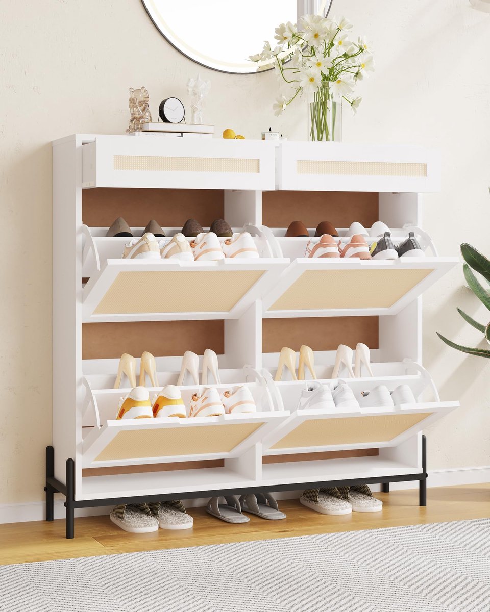 Schoenenkast Smal - 100x23.5x100cm - Schoenenrek - Schoenenmeubel Rattan - 4 Kleppen en 2 Lades - Verstelbare Planken - Ruimtebesparend - Voor 16-20 Paar Schoenen - Hal Woonkamer - Wit