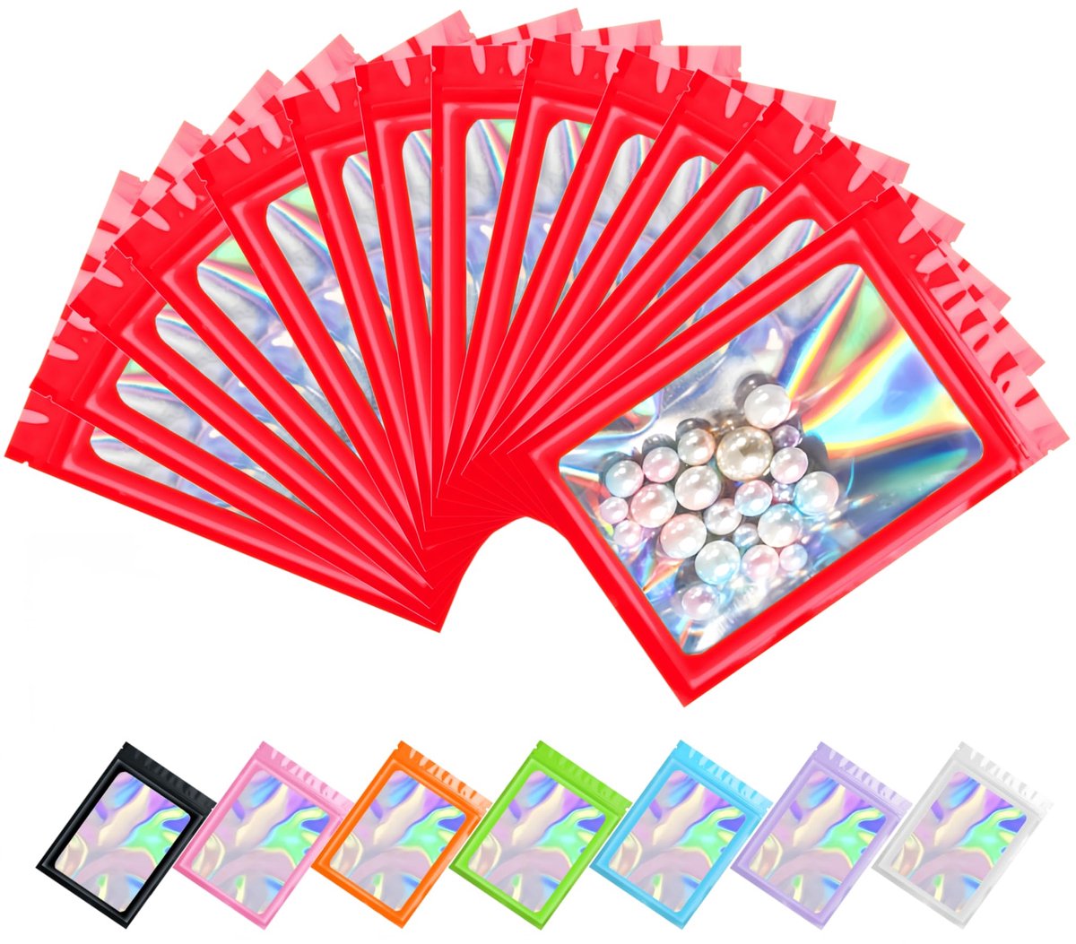 100 Stuks Hersluitbare Holografische Zakjes met Transparant Venster, Herbruikbare Plastic Ziplock Zakjes, Aluminium-Mylar Zak, Kleine Zakken Voor Verpakking en Voedsel (Rood, 12 x 20 cm)