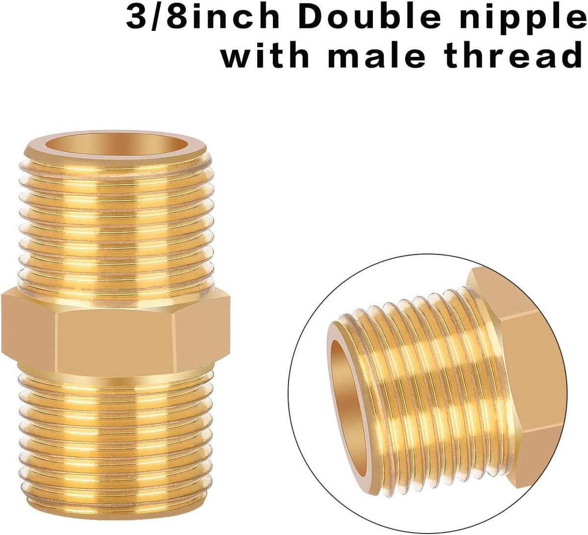 Nippel 3/8 Inch Messing Buitendraad, Messing Dubbele Nippel Met Zeskant AG/AG 2 Stuks Voor Buisaansluiting