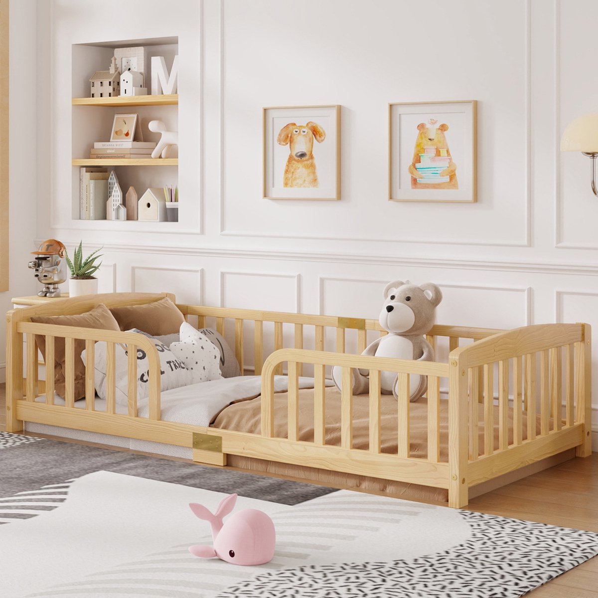 MIVRAY Kinderbed 90x200 Cm - Vloerbed Met Veiligheidshek En Centrale Instap - Zonder Matras - Grenenhout En Multiplex - Naturel