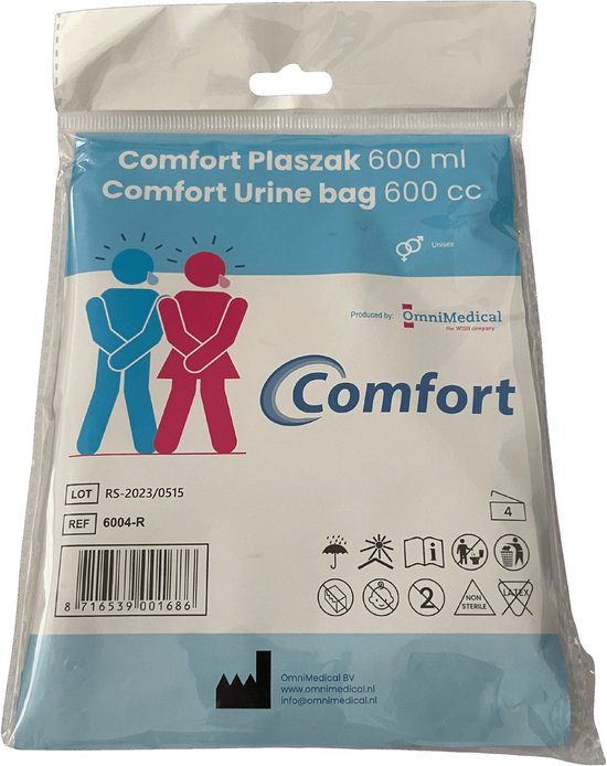 Verpakking van een Comfort urinezak van 600 ml. De verpakking is blauw met afbeeldingen van een man en vrouw.