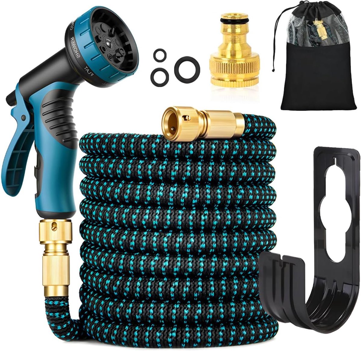tuinslang 30 m, met sproeikop en 3/4 inch en 1/2 inch messing aansluitingen, knikvrije waterslang voor tuin, huis, auto, 10 functies voor auto, vloer, binnenplaats, gangreiniging
