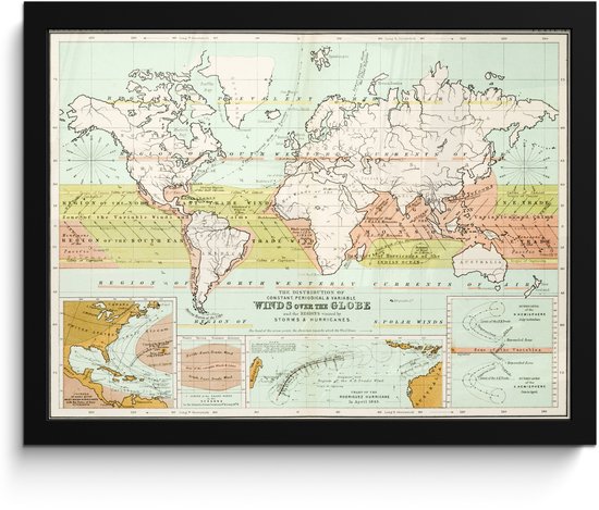 Carte du monde encadrée de noir avec des motifs de vent mondiaux.