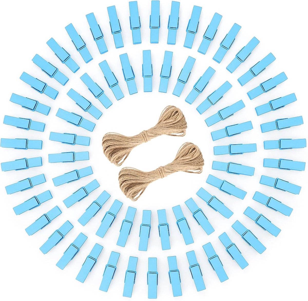 jijAcraft Babyblauwe houten wasknijpers, 3,5 cm: kleine houten knijpers voor foto's, 100 stuks, fotoklemmen met 20 m jute koord om te knutselen, voor verjaardag, bruiloft, kinderkamer