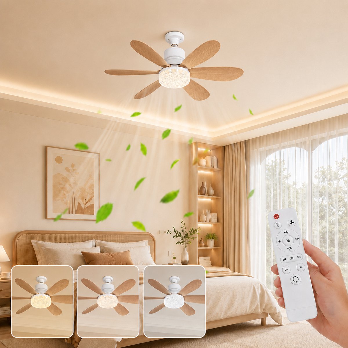MUPOO Houtlook Plafondventilator met Lamp E27 Ø52 cm - Ventilatorlamp met Afstandsbediening - 3 Kleurtemperaturen - 3 Snelheden - Timer en Geheugenfunctie - Stil DC Motor -Voor Slaapkamer werkkamer