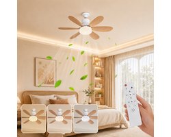 MUPOO Houtlook Plafondventilator met Lamp E27 Ø52 cm - Ventilatorlamp met Afstandsbediening - 3 Kleurtemperaturen - 3 Snelheden - Timer en Geheugenfunctie - Stil DC Motor -Voor Slaapkamer werkkamer