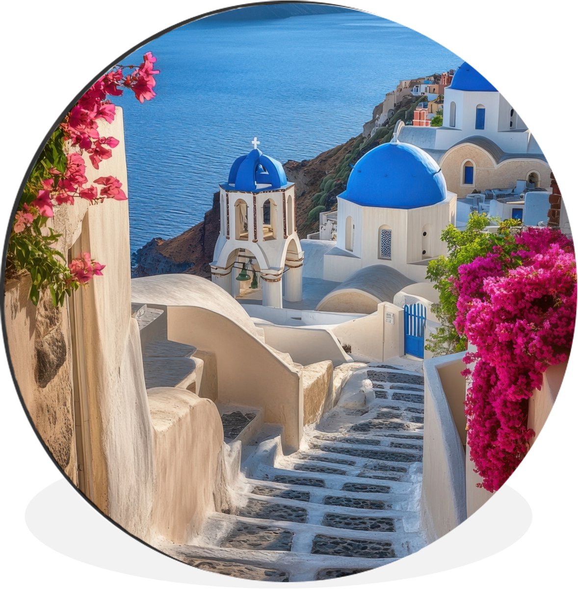 WallCircle - Wandcirkel - Muurcirkel - Santorini - Bloemen - Griekenland - Aluminium - Dibond - 120x120 cm - Binnen en Buiten XXL