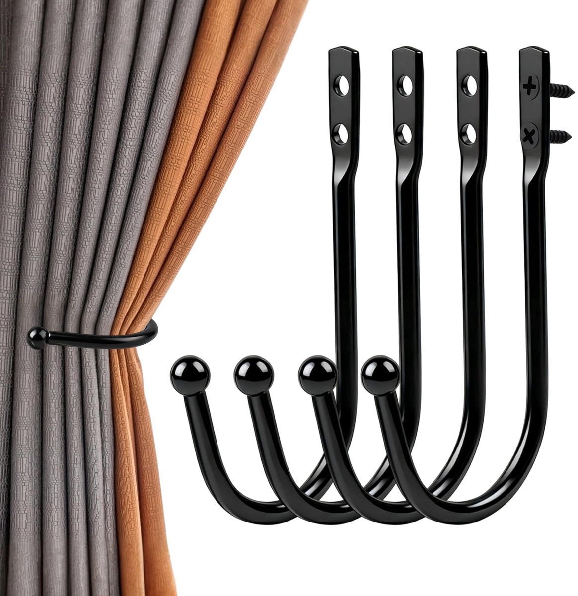 Gordijnhouders, U-vormige gordijnhouders voor gordijnen, metalen gordijnhouder met wandbevestiging, voor woonkamer, slaapkamer, eetkamer, badkamer, keuken, kantoor (zwart)