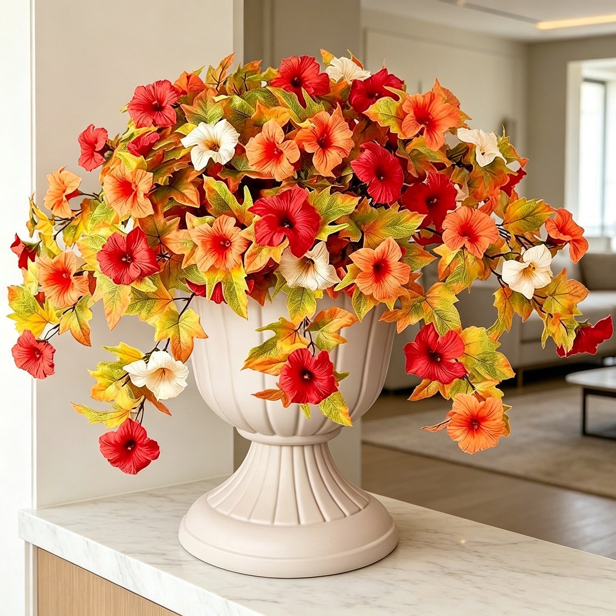 Ryoudavell - 2 stuks decoratieve kunstbloemen en -planten voor buiten, imitatie-petunia's - UV-bestendig - voor bloempotten buiten - voordeur - veranda - tuin - terras en bloembakken op de vensterbank (Herfstelementen）